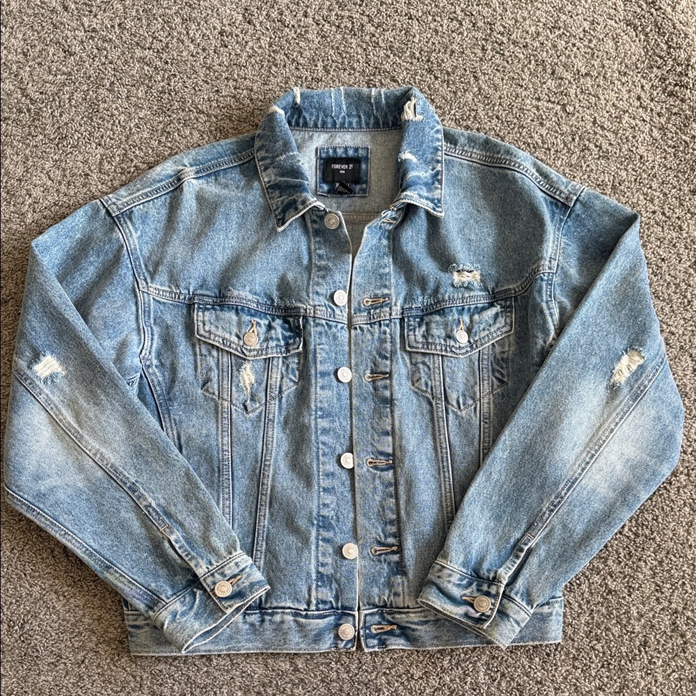 Forever 21 Light Blue Distressed Denim Trucker Jacket
